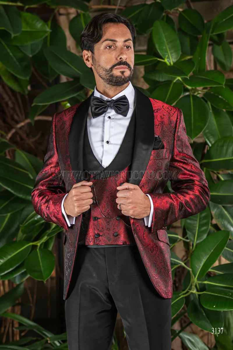 Smoking uomo damascato rosso collo sciallato 1