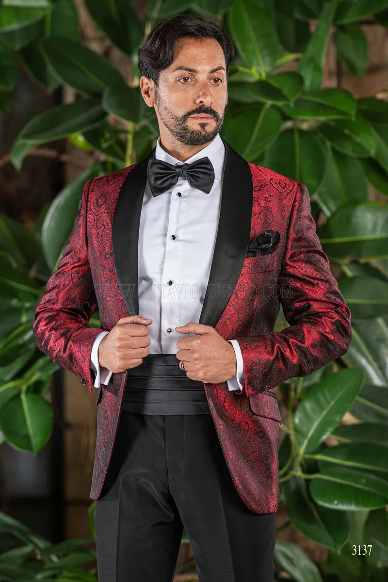 Smoking uomo damascato rosso collo sciallato 2