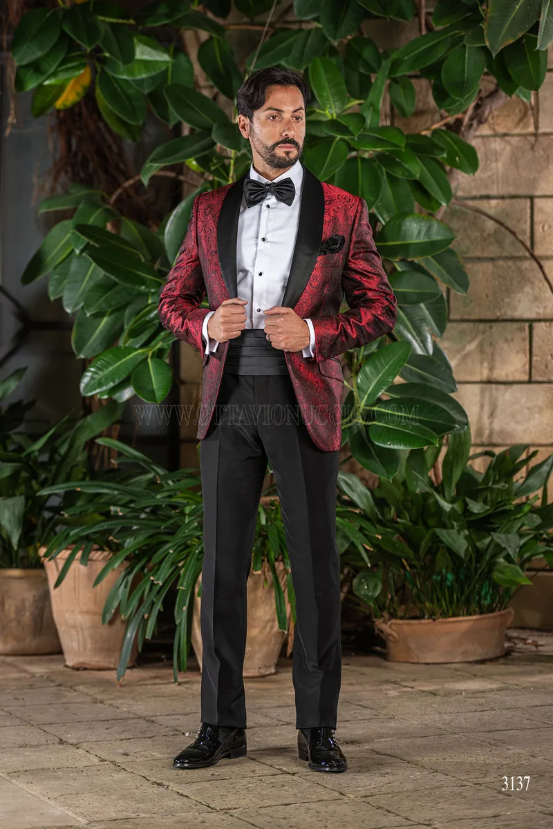 Smoking uomo damascato rosso collo sciallato 4