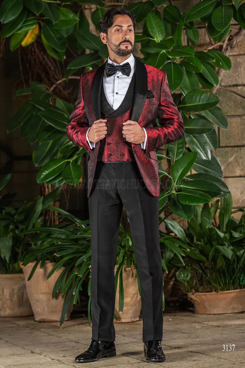 Smoking uomo damascato rosso collo sciallato 5