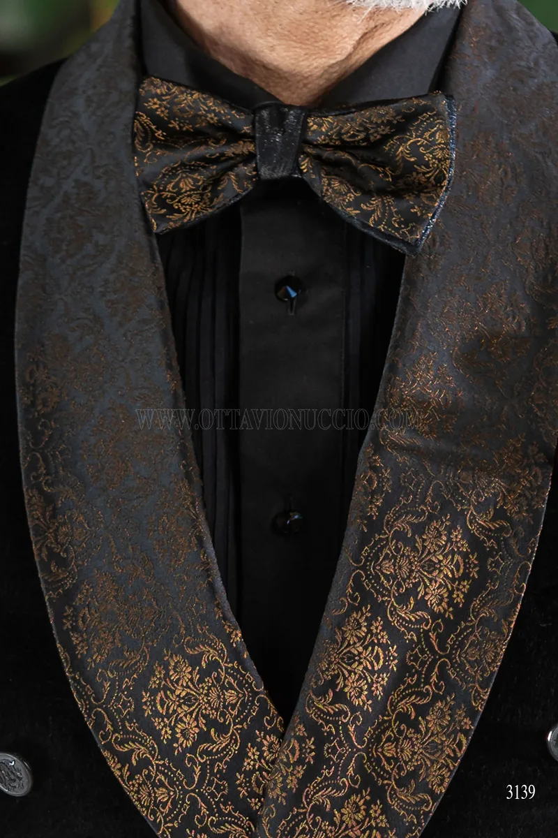Smoking doppiopetto velluto nero collo sciallato damascato bronzo 5