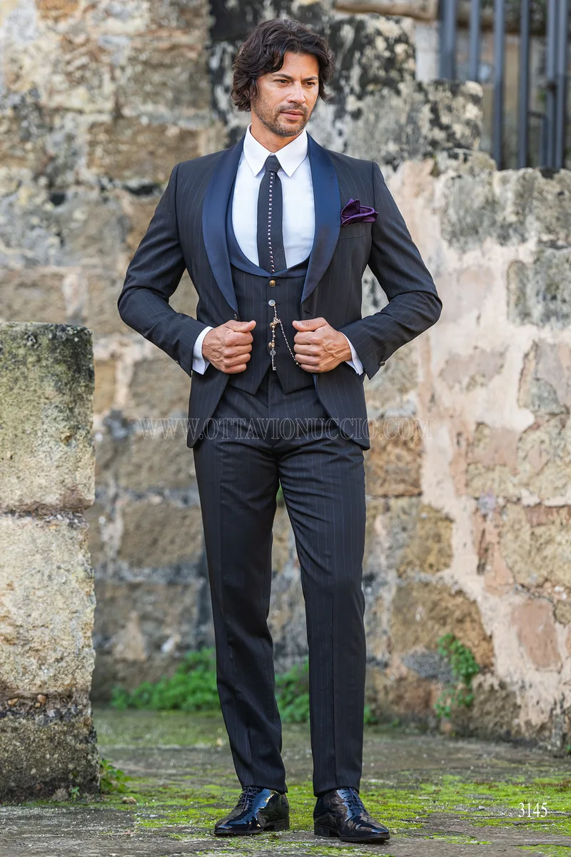 Smoking uomo nero gessato blu per matrimoni vintage 2