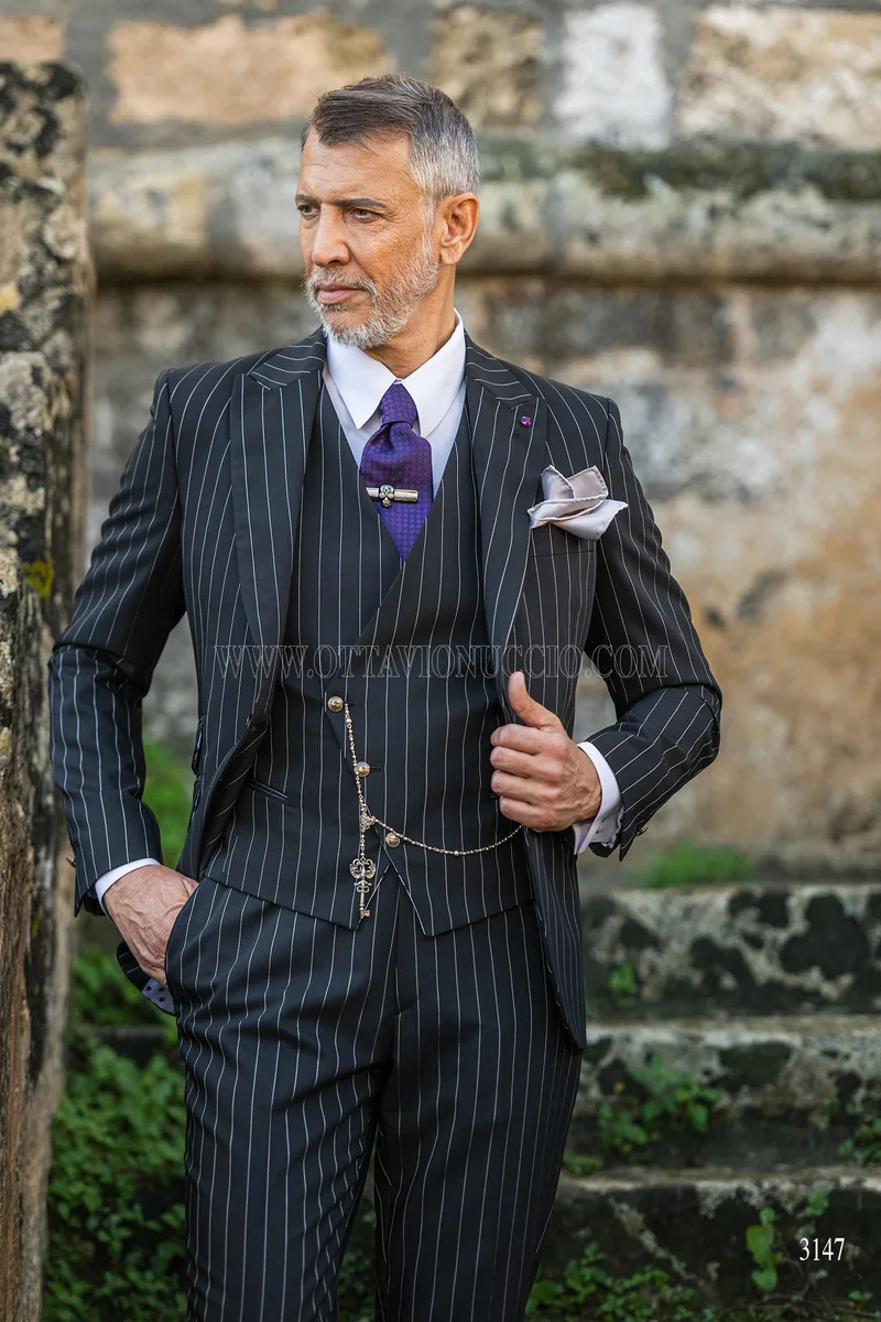 Abito da cerimonia uomo stile rock nero gessato bianco 2