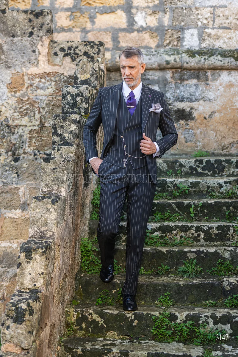 Abito da cerimonia uomo stile rock nero gessato bianco 4