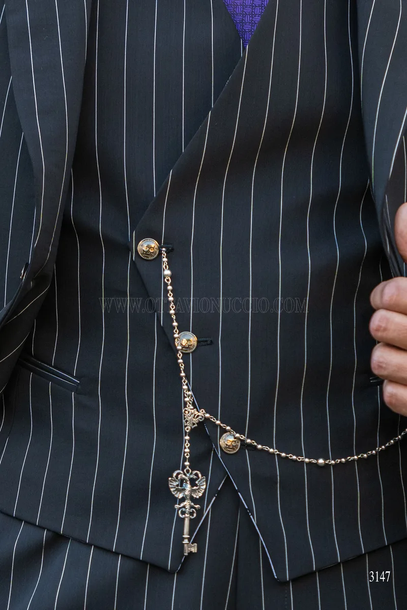 Abito da cerimonia uomo stile rock nero gessato bianco 5