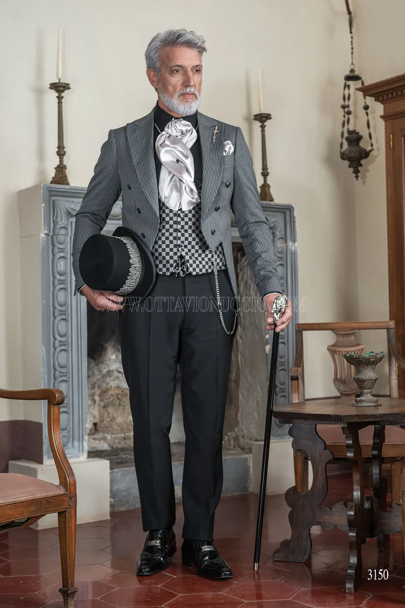 Frac uomo sposo steampunk gessato grigio pantalone nero 1