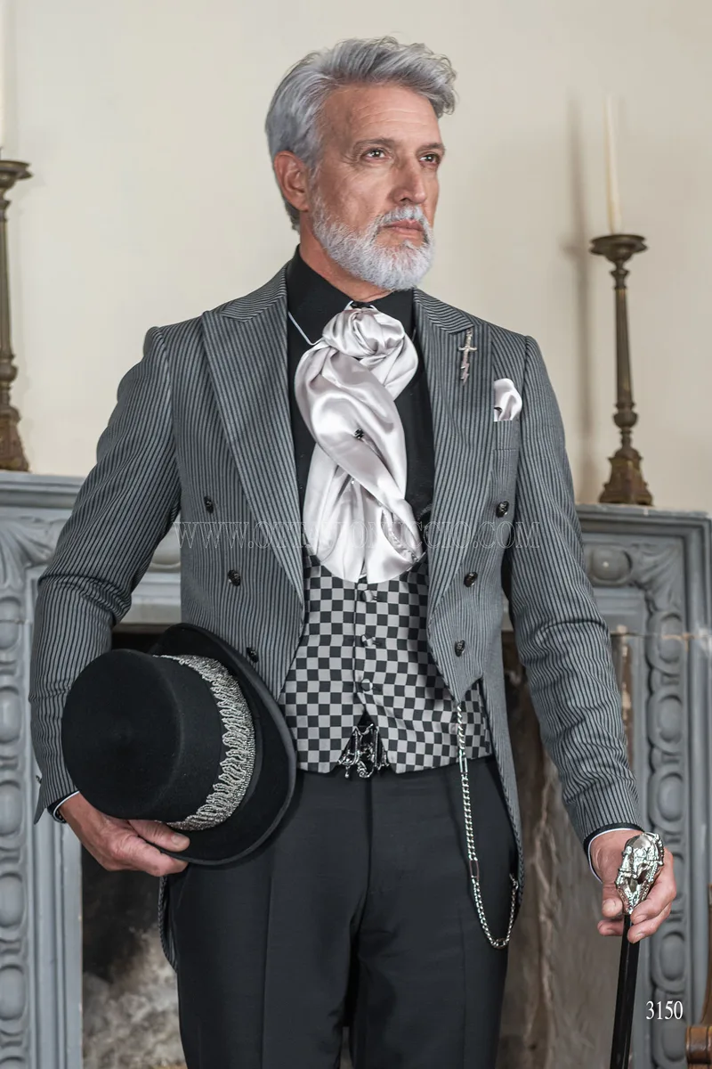 Frac uomo sposo steampunk gessato grigio pantalone nero 2