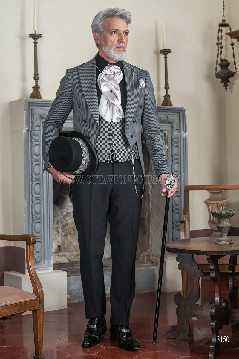 Frac uomo sposo steampunk gessato grigio pantalone nero 3