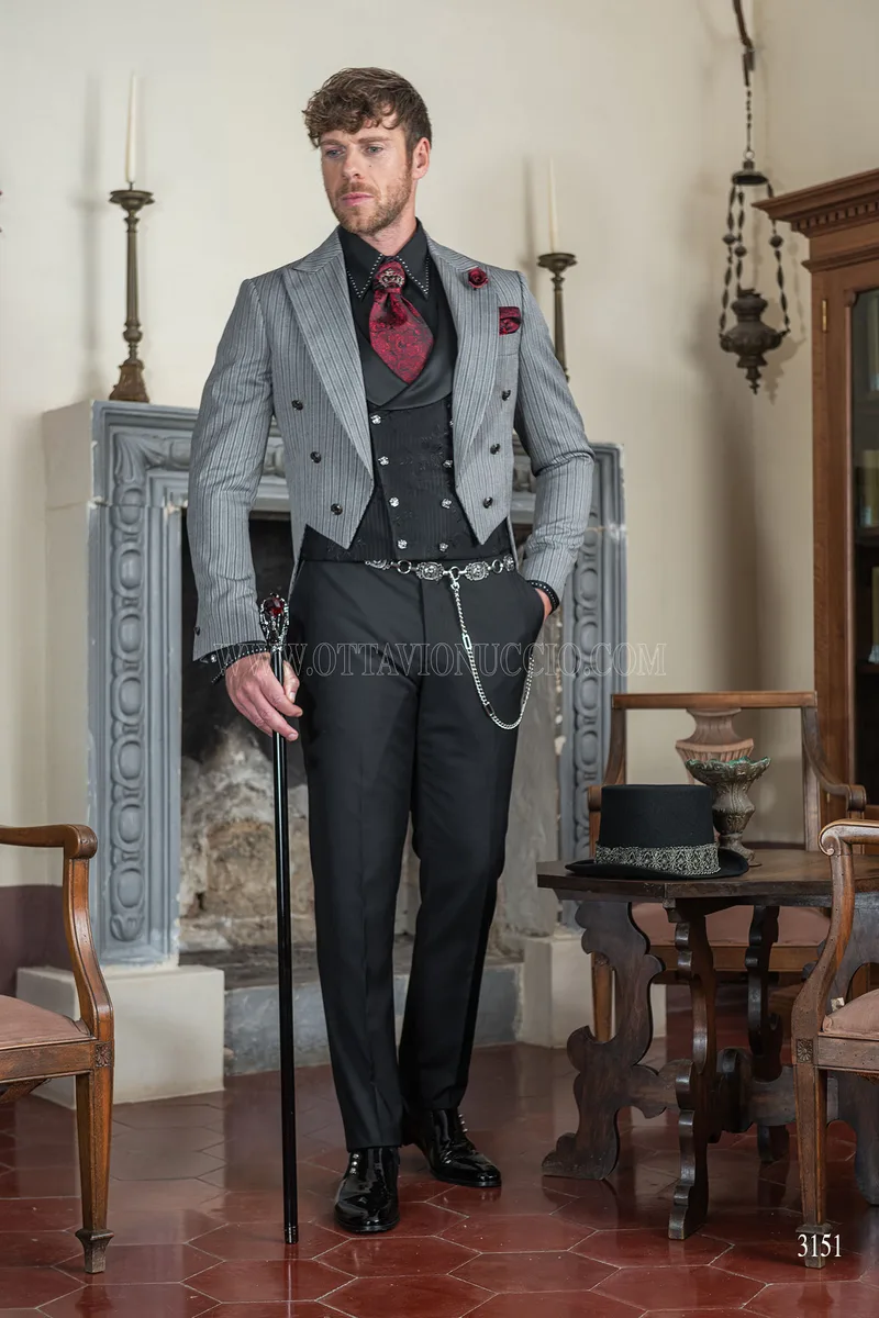 Frack uomo sposo steampunk gotico gessato grigio 1