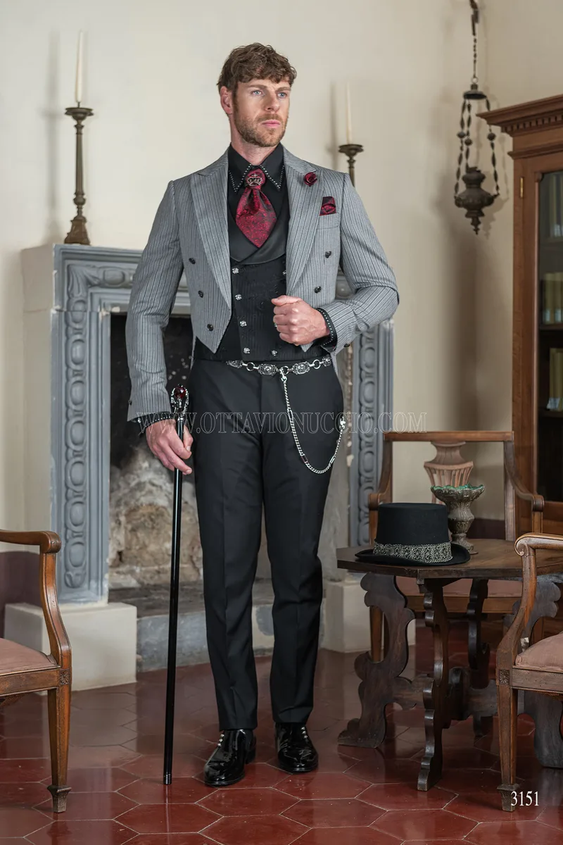 Frack uomo sposo steampunk gotico gessato grigio 3