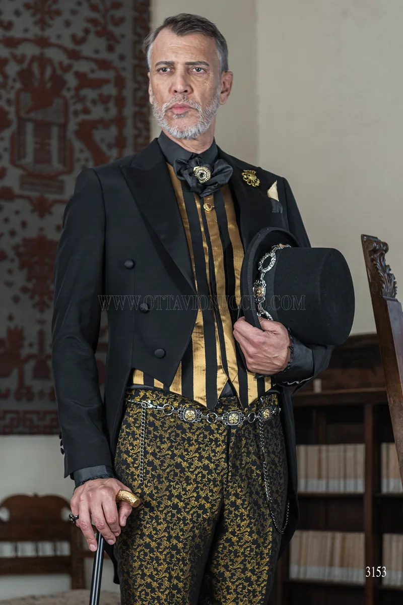 Frac uomo nero sposo in stile steampunk con pantalone damascato nero oro 1