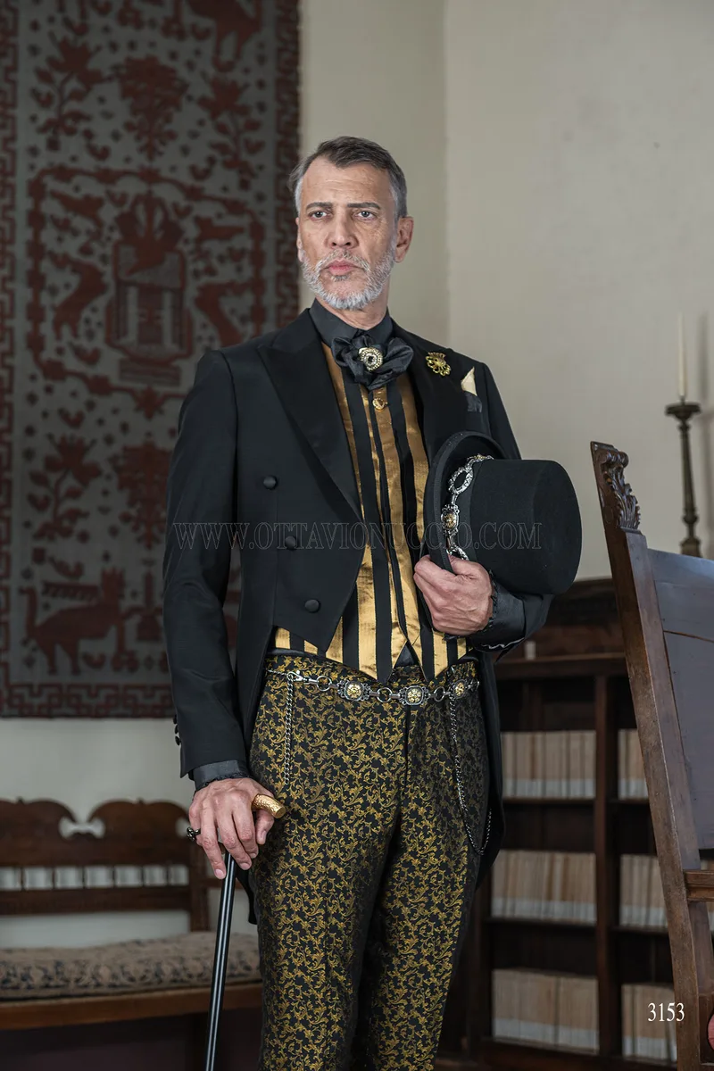 Frac uomo nero sposo in stile steampunk con pantalone damascato nero oro 3