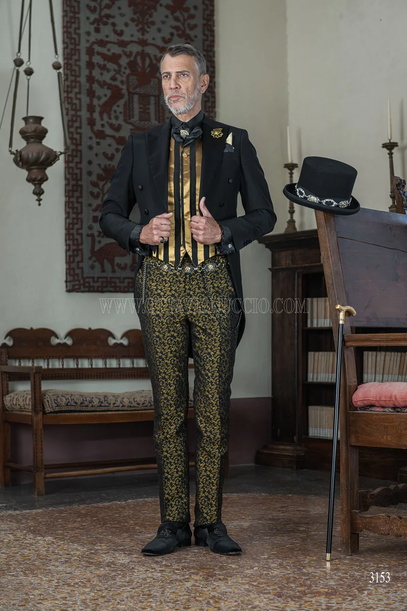 Frac uomo nero sposo in stile steampunk con pantalone damascato nero oro 4