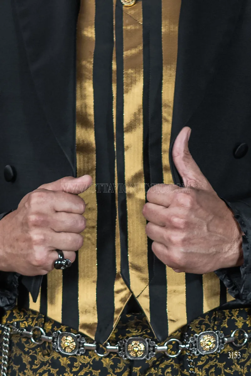 Frac uomo nero sposo in stile steampunk con pantalone damascato nero oro 5