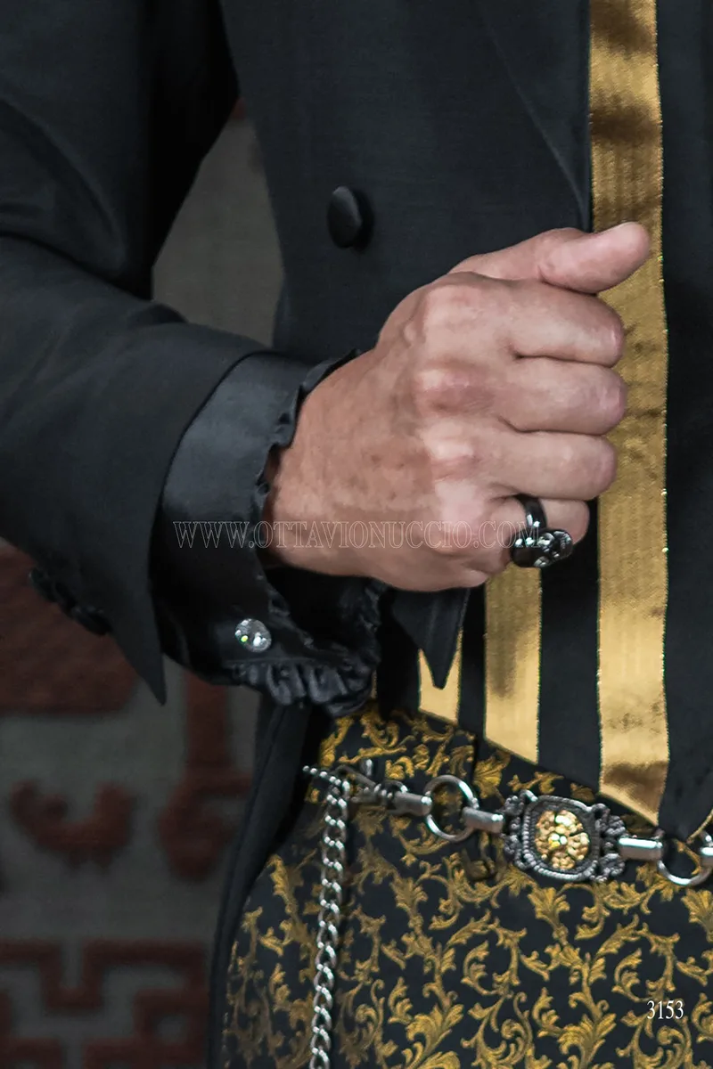 Frac uomo nero sposo in stile steampunk con pantalone damascato nero oro 8
