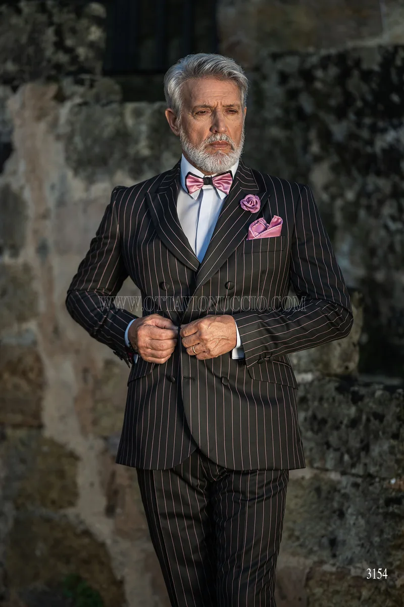 Smoking uomo sposo nero gessato rosa per matrimoni stile rock 3