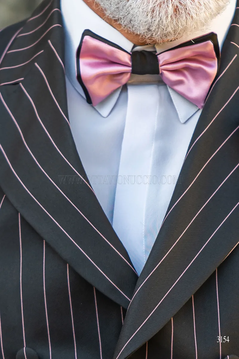 Smoking uomo sposo nero gessato rosa per matrimoni stile rock 4