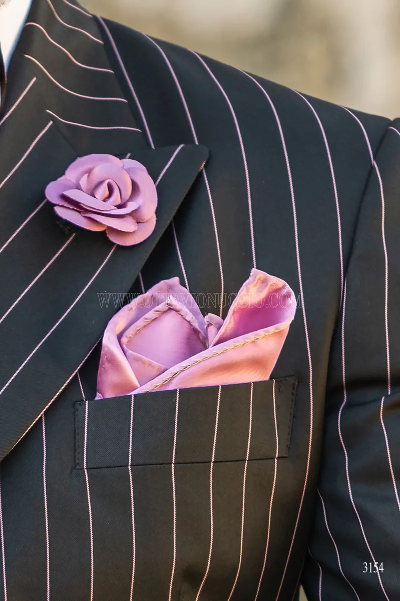 Smoking uomo sposo nero gessato rosa per matrimoni stile rock 5