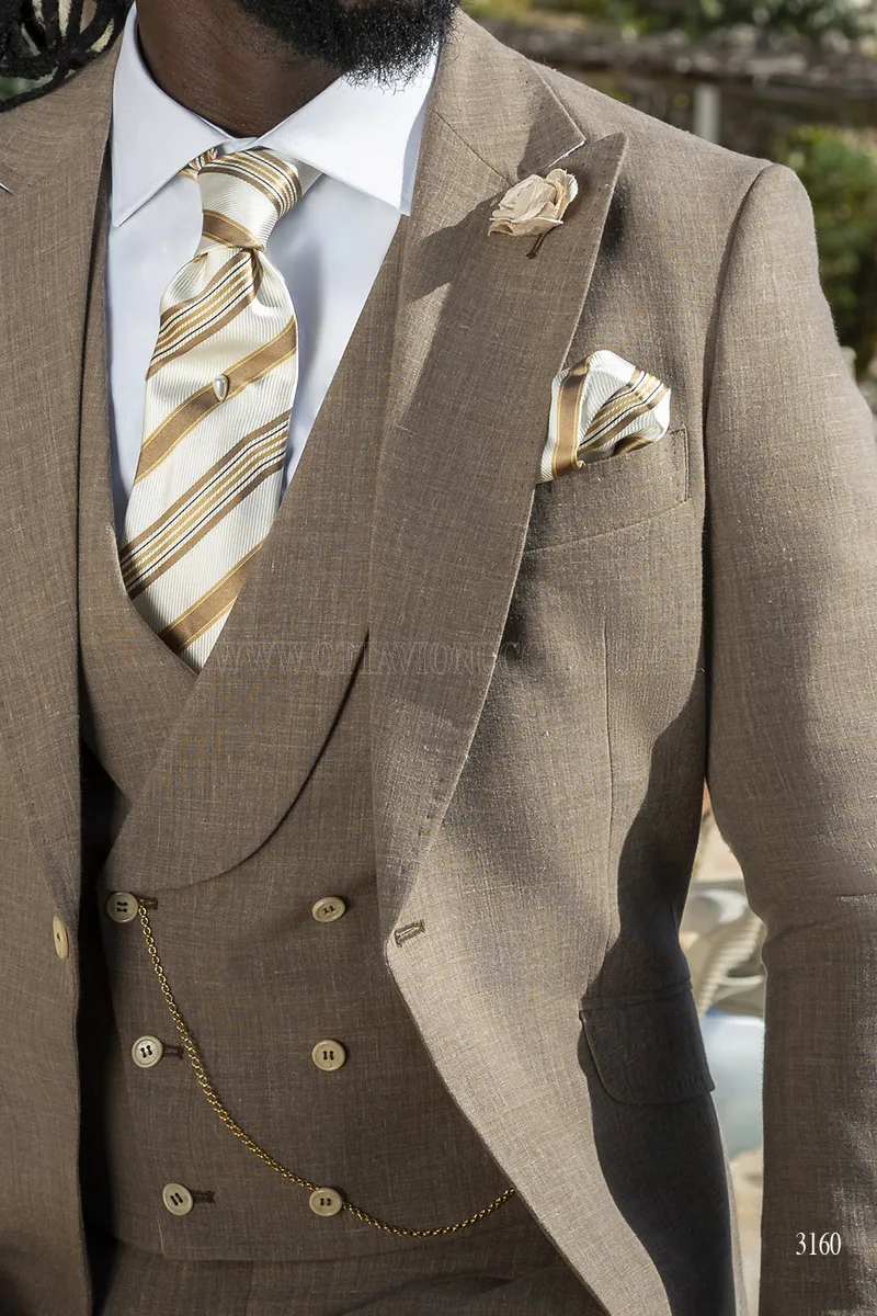 Abito da Sposo Tre Pezzi "Natural Chic" – Marrone chiaro in Misto Lino 3