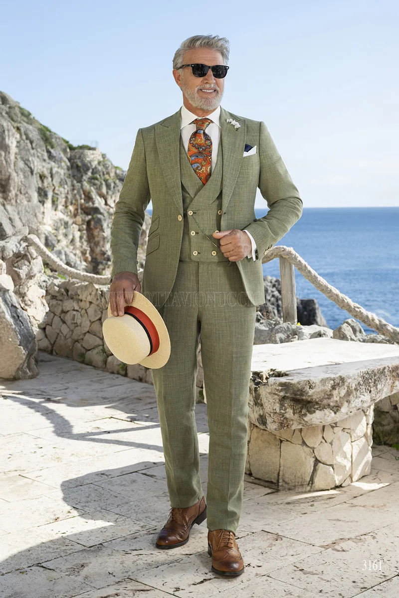 Abito Uomo Tre Pezzi Estivo - Verde Oliva con Texture Melange – fi
