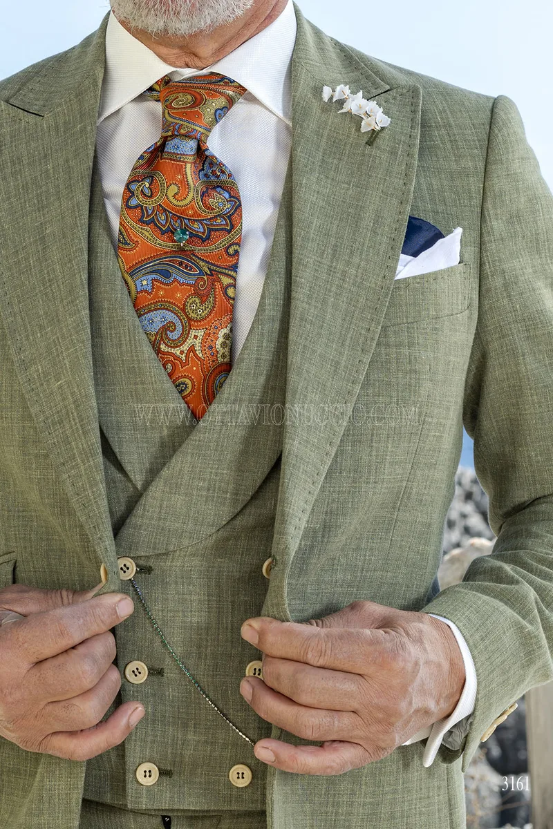 Abito Uomo Tre Pezzi Estivo - Verde Oliva con Texture Melange 3