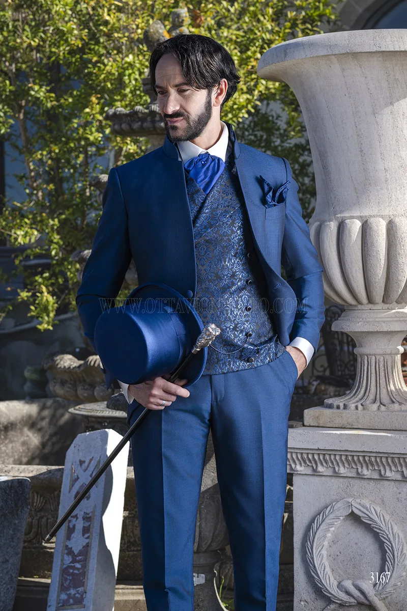 Abito Sposo Coreana Blu Royal con Gilet Damascato – pa