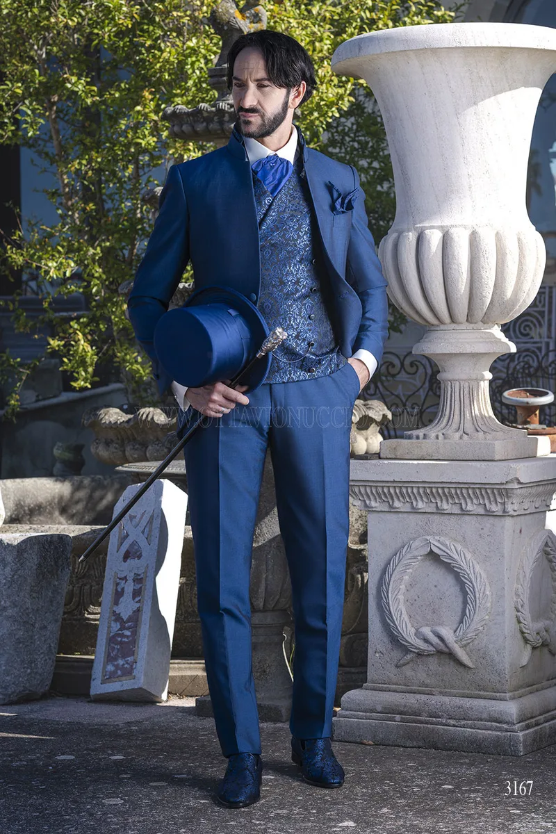Abito Sposo Coreana Blu Royal con Gilet Damascato – fi