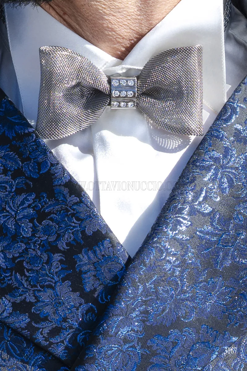 Abito Sposo Coreana Blu Royal con Gilet Damascato 6
