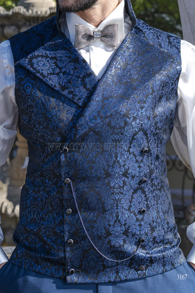 Abito Sposo Coreana Blu Royal con Gilet Damascato 5