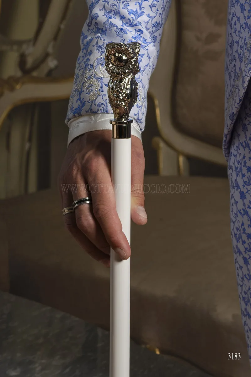 Redingote da Cerimonia Bianca e Blu con Ricami Argento – bastone