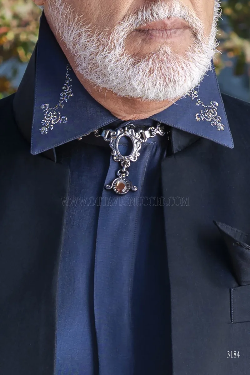 Abito Cerimonia Uomo Blu Collo Coreano con Camicia Lurex – det