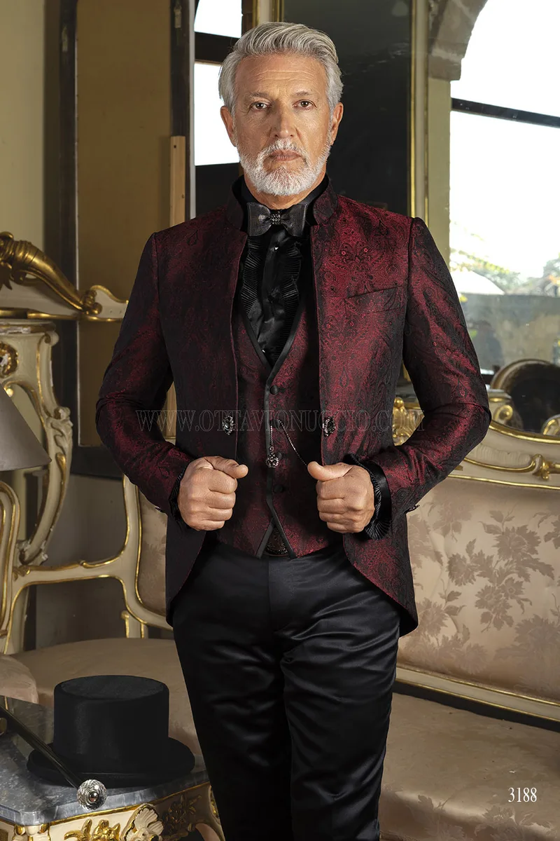 Vestito Sposo Redingote Collo Coreano Damascato Bordeaux – pa
