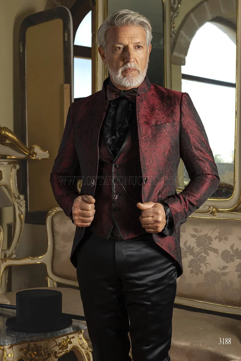 Vestito Sposo Redingote Collo Coreano Damascato Bordeaux – pa