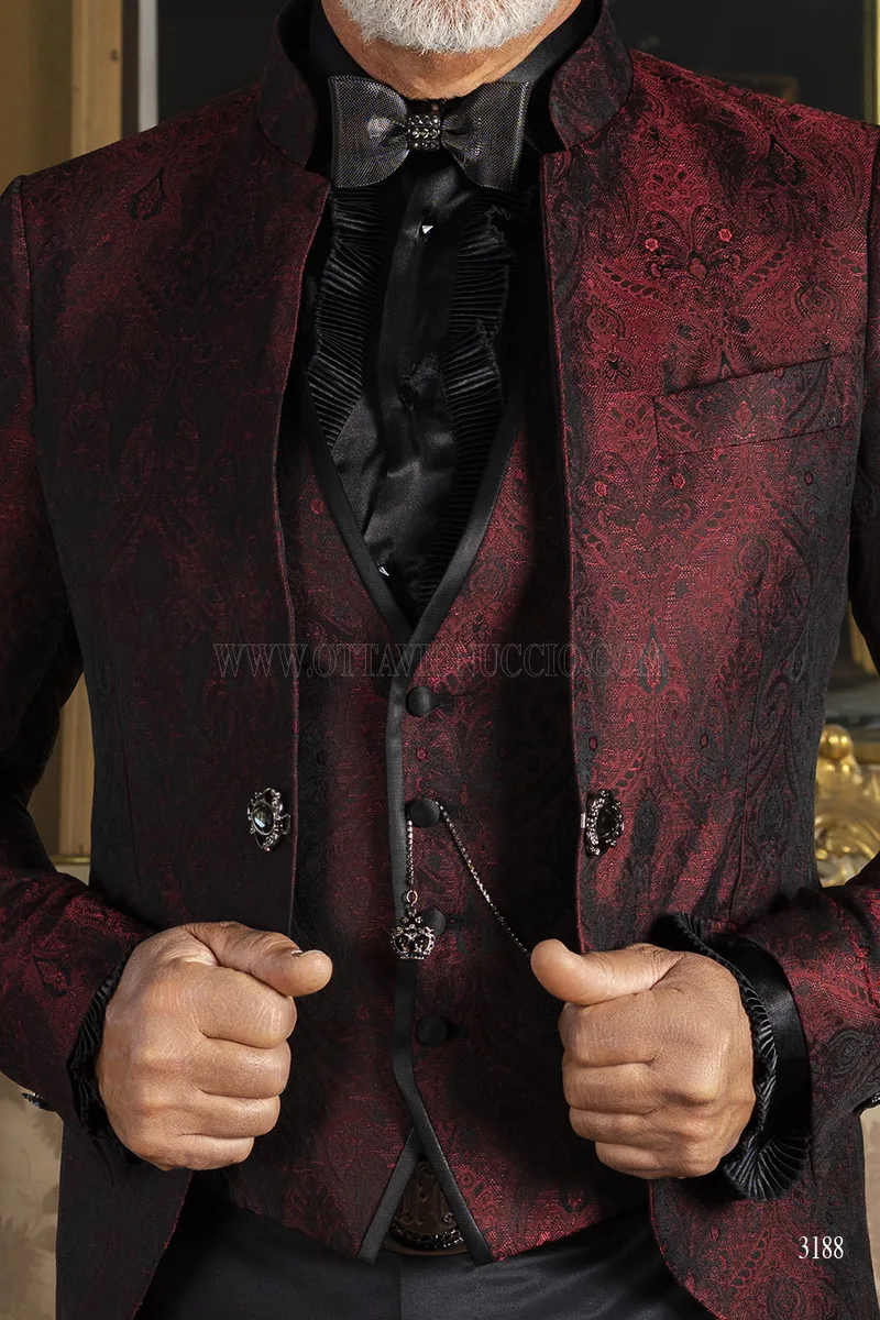Vestito Sposo Redingote Collo Coreano Damascato Bordeaux – pm
