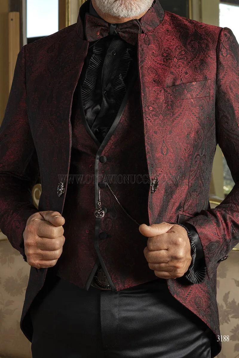 Vestito Sposo Redingote Collo Coreano Damascato Bordeaux – pm