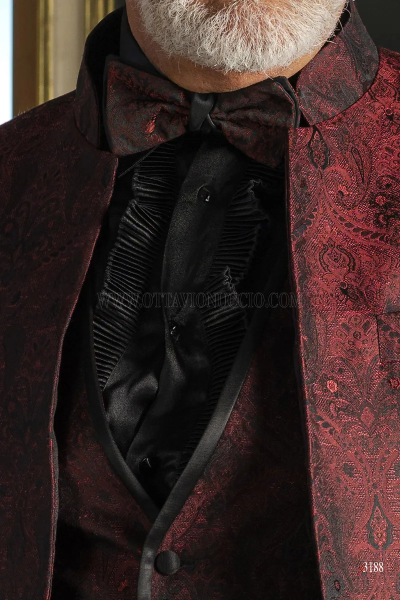 Vestito Sposo Redingote Collo Coreano Damascato Bordeaux 6