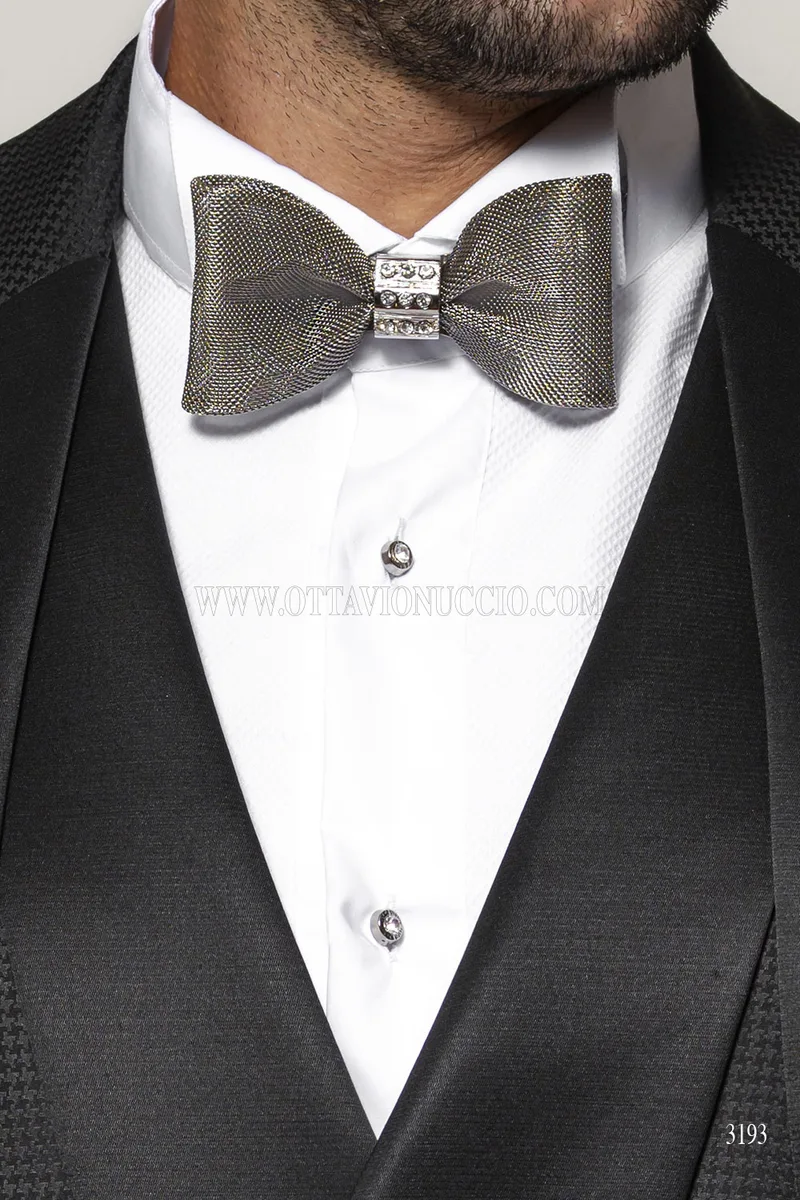 Smoking Tre Pezzi Nero Pied-de-Poule con Dettagli in Raso 4