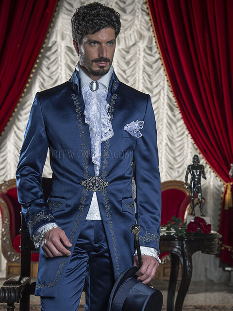 Abito da sposo damascato barocco raso blu ricamato