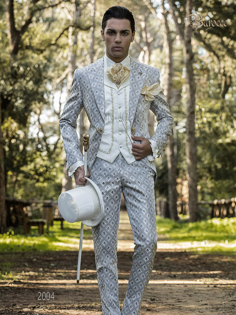 Abito stile barocco da matrimonio sposo, broccato grigio