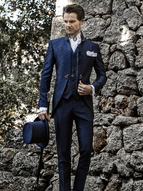 Vestito sposo damascato coreano blu con passamaneria