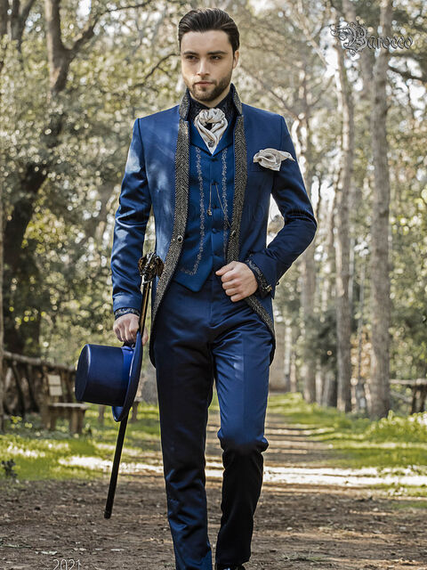 Abito stile barocco raso blu con passamanerie cristallo fumè