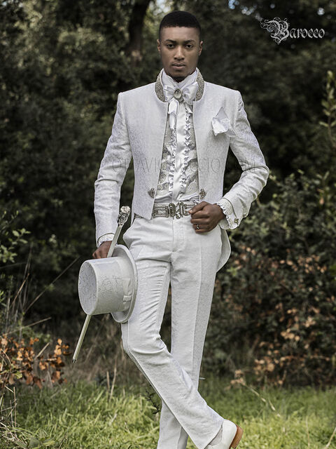 Frak abito sposo stile barocco damascato bianco