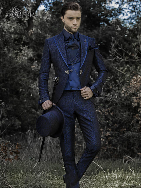 Abito sposo damascato blu stile gotico | Vestito damascato blu