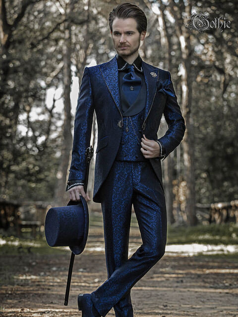 Vestito da sposo damascato blu stile di lusso gotico