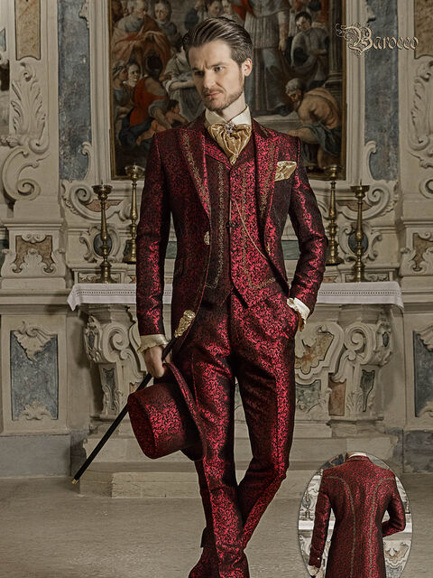 Vestito sposo damascato barocco rosso ricamo oro da sposo