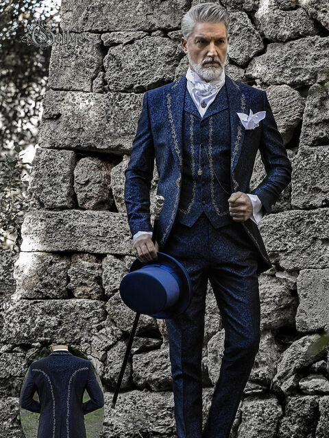 Abito da sposo luxury damascato blu ricamato argento