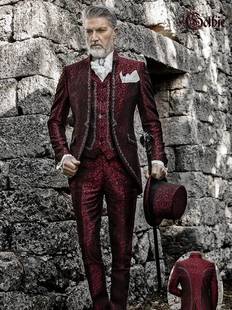 Abito di lusso sposo coreano damascato rosso stile gotico