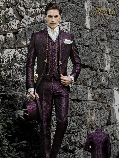 Vestito sposo coreano damascato prugna con alamaro oro