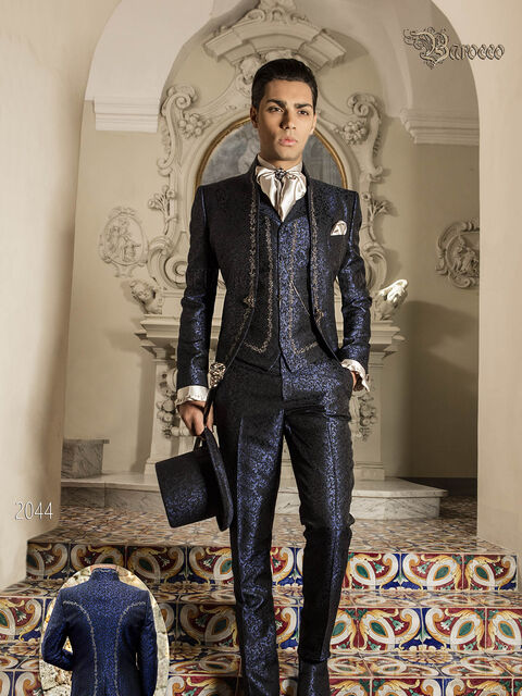 Vestito damascato blu per sposo stile barocco