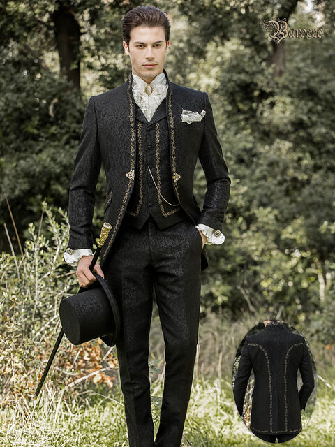 Abito collo coreana stile barocco damascato nero ricamato oro